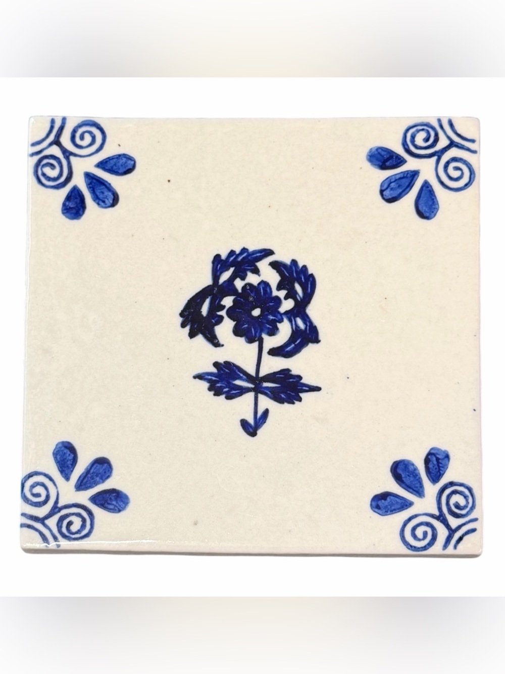 Vintage Cream Blue Ceramic Delft Style Flat Tile Piece 5-3/4" x 5-3/4" x 3/4"